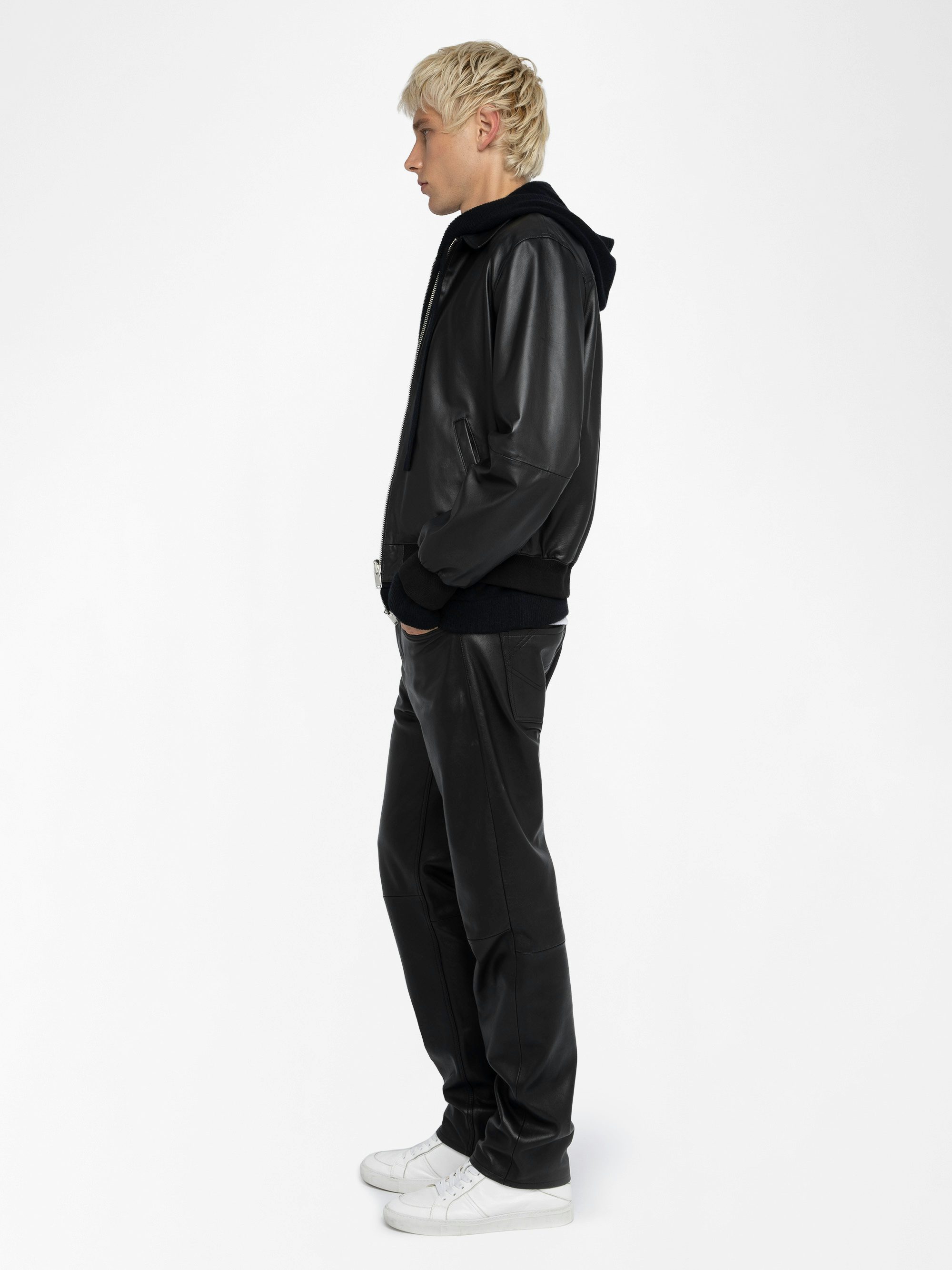 Lederjacke Mate - Wendbare Jacke mit Reißverschluss aus Leder und Nylon, lange Ärmel, „Studio Homme“-Emblem aus Gummi auf der Rückseite.